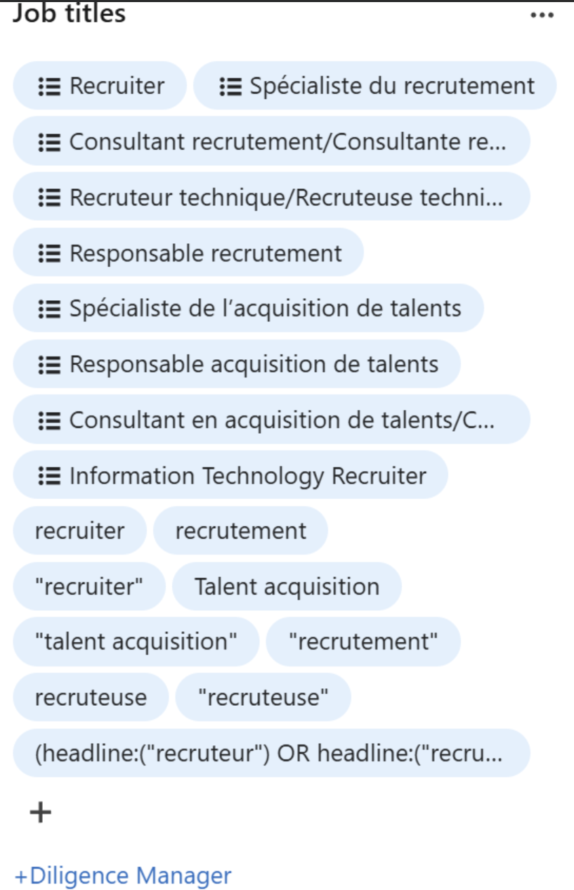 Capture LinkedIn Recruiter — titres et headlines cherchés en requête OR