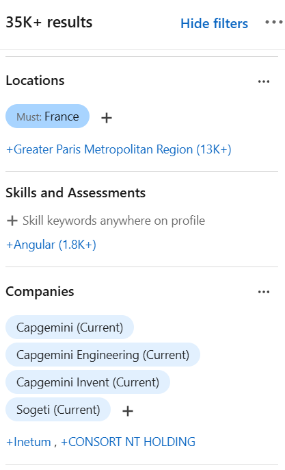 Capture LinkedIn Recruiter — effectif actuel relié à une page entreprise, filtré France